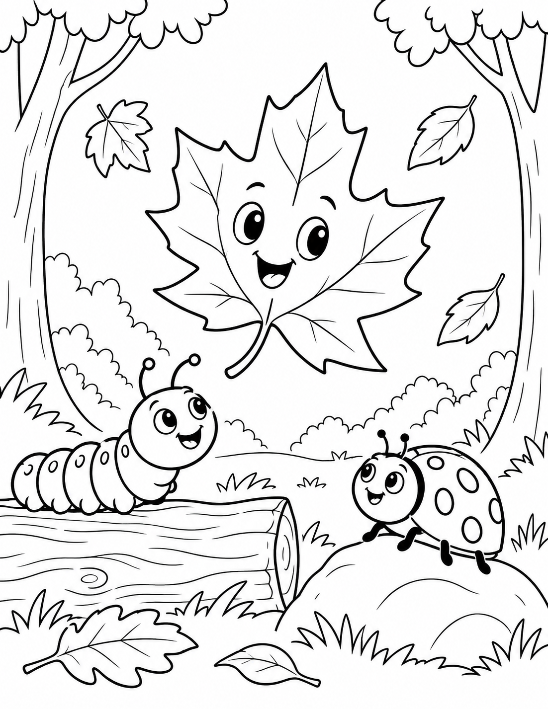 Black-and-white coloring scene of Leafy floating in the forest with a caterpillar and ladybug